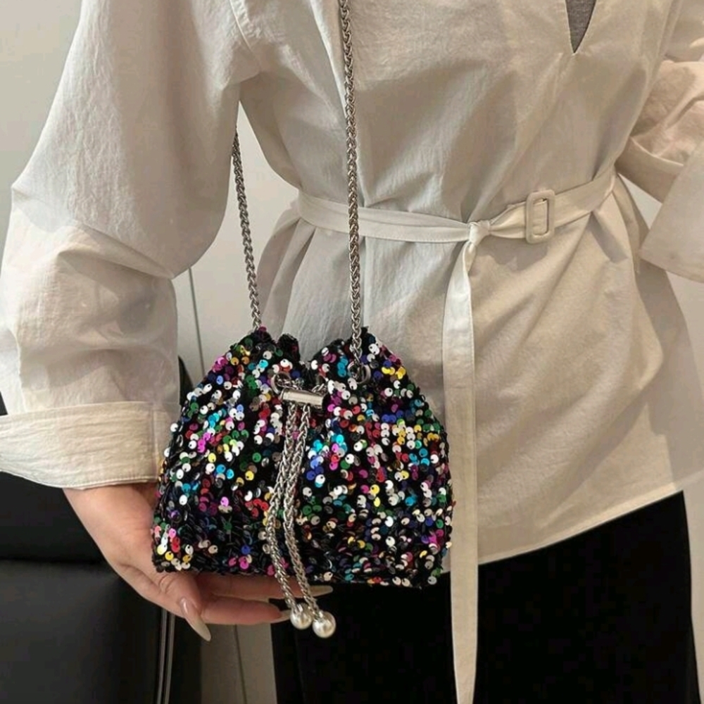 Sequin Drawstring Multicolor Bucket Bag With Chai… - image 4